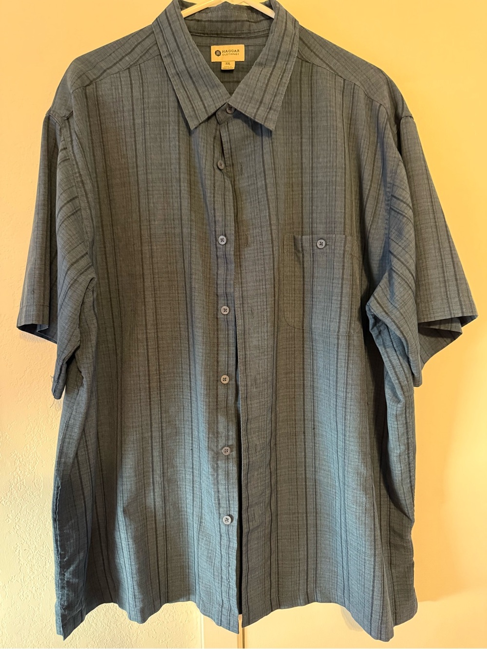 Haggar Blue Vertical-Stripe Short Sleeve Button-Up Shirt